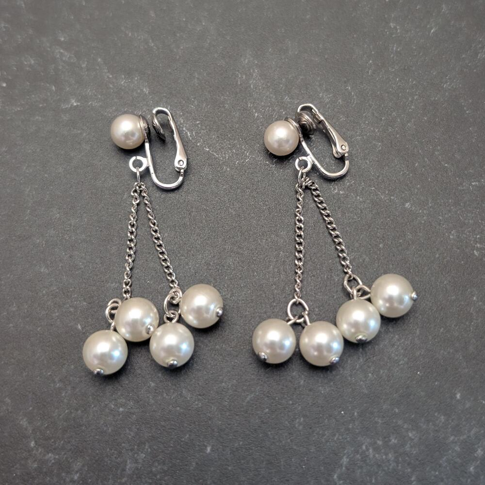 Vintage Sarah Coventry Clip On Earrings 2" Drop Dangle Silver Tone & Faux Pearl